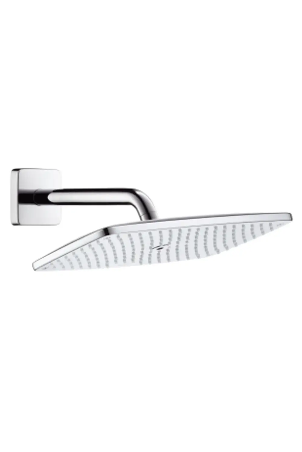 Hansgrohe Kopfbrause mit flachem, quadratischem Design und einem geraden Brausearm, montiert an einer Wand, in glänzendem Chromfinish.